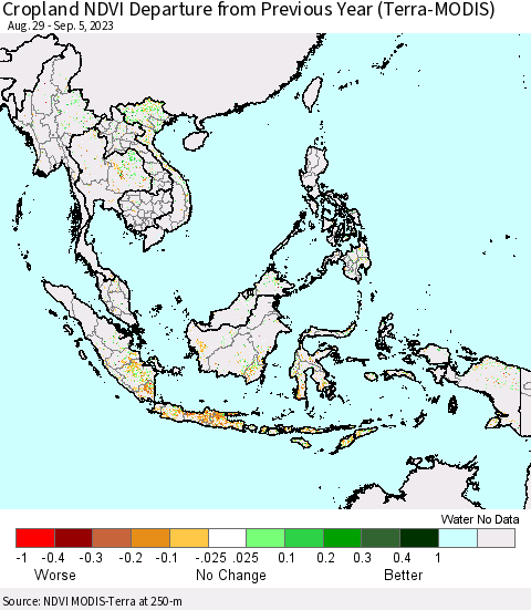 South East Asia Cropland NDVI Departure from Previous Year (Terra-MODIS) Thematic Map For 8/29/2023 - 9/5/2023