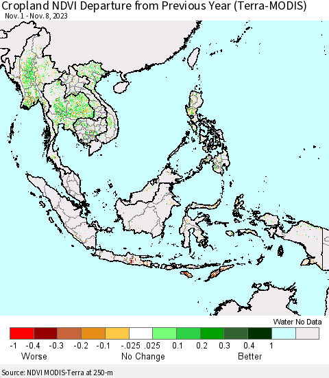 South East Asia Cropland NDVI Departure from Previous Year (Terra-MODIS) Thematic Map For 11/1/2023 - 11/8/2023