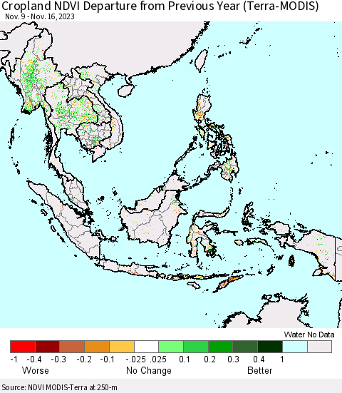 South East Asia Cropland NDVI Departure from Previous Year (Terra-MODIS) Thematic Map For 11/9/2023 - 11/16/2023