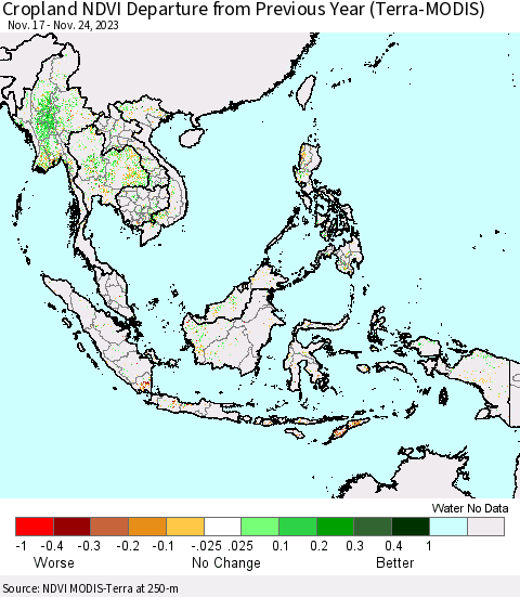 South East Asia Cropland NDVI Departure from Previous Year (Terra-MODIS) Thematic Map For 11/17/2023 - 11/24/2023
