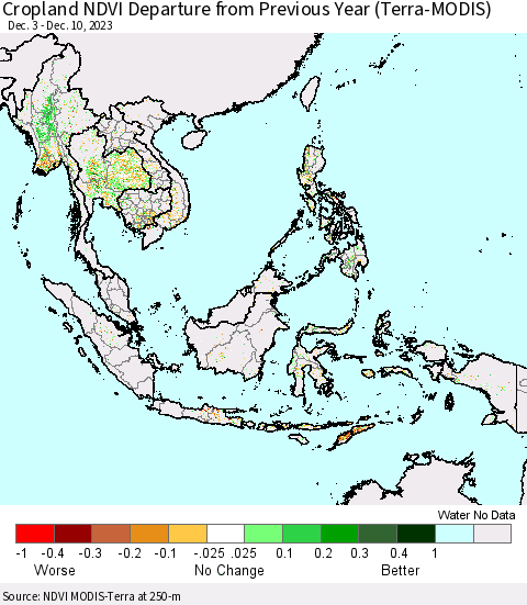 South East Asia Cropland NDVI Departure from Previous Year (Terra-MODIS) Thematic Map For 12/3/2023 - 12/10/2023