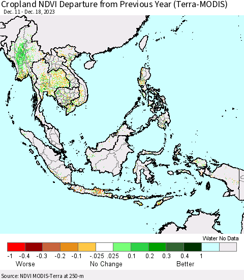 South East Asia Cropland NDVI Departure from Previous Year (Terra-MODIS) Thematic Map For 12/11/2023 - 12/18/2023