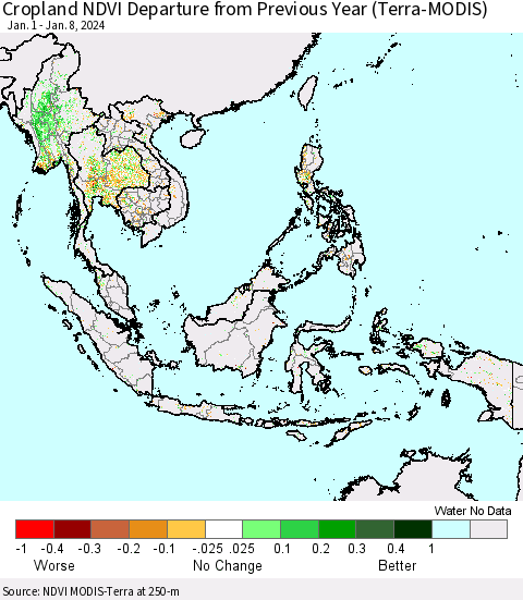 South East Asia Cropland NDVI Departure from Previous Year (Terra-MODIS) Thematic Map For 1/1/2024 - 1/8/2024