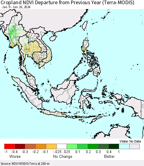 South East Asia Cropland NDVI Departure from Previous Year (Terra-MODIS) Thematic Map For 1/9/2024 - 1/16/2024