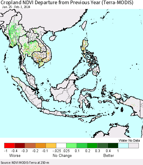 South East Asia Cropland NDVI Departure from Previous Year (Terra-MODIS) Thematic Map For 1/25/2024 - 2/1/2024