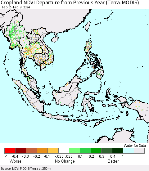 South East Asia Cropland NDVI Departure from Previous Year (Terra-MODIS) Thematic Map For 2/2/2024 - 2/9/2024