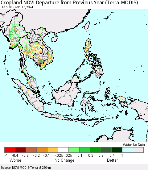 South East Asia Cropland NDVI Departure from Previous Year (Terra-MODIS) Thematic Map For 2/10/2024 - 2/17/2024