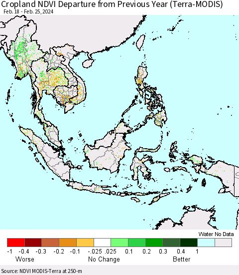 South East Asia Cropland NDVI Departure from Previous Year (Terra-MODIS) Thematic Map For 2/18/2024 - 2/25/2024