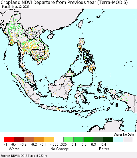 South East Asia Cropland NDVI Departure from Previous Year (Terra-MODIS) Thematic Map For 3/5/2024 - 3/12/2024