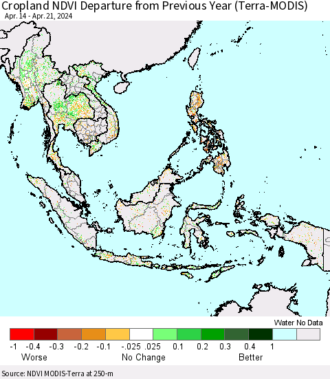 South East Asia Cropland NDVI Departure from Previous Year (Terra-MODIS) Thematic Map For 4/14/2024 - 4/21/2024