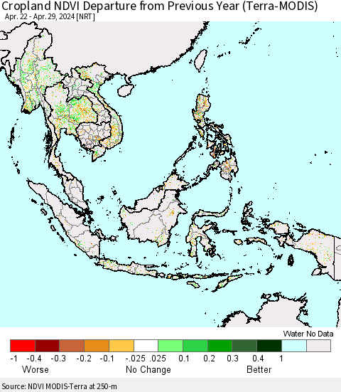 South East Asia Cropland NDVI Departure from Previous Year (Terra-MODIS) Thematic Map For 4/22/2024 - 4/29/2024