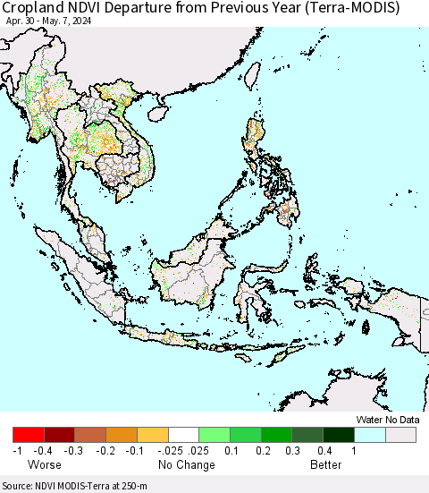 South East Asia Cropland NDVI Departure from Previous Year (Terra-MODIS) Thematic Map For 4/30/2024 - 5/7/2024