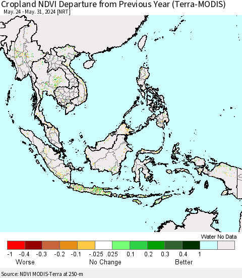 South East Asia Cropland NDVI Departure from Previous Year (Terra-MODIS) Thematic Map For 5/24/2024 - 5/31/2024