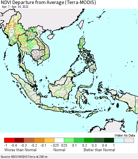South East Asia NDVI Departure from Average (Terra-MODIS) Thematic Map For 4/7/2021 - 4/14/2021