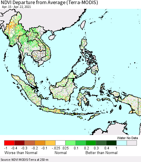 South East Asia NDVI Departure from Average (Terra-MODIS) Thematic Map For 4/15/2021 - 4/22/2021