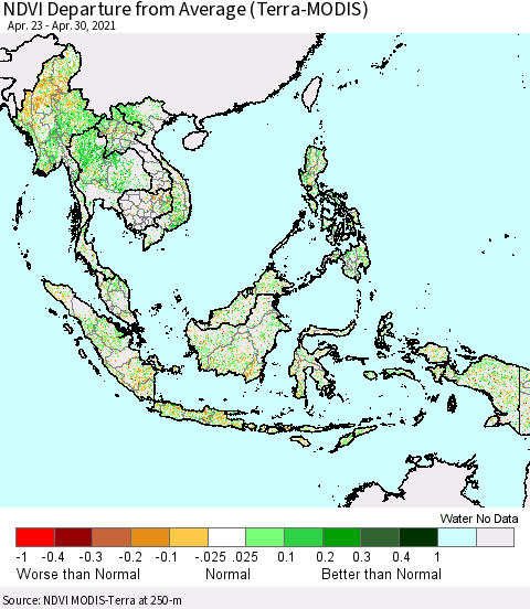 South East Asia NDVI Departure from Average (Terra-MODIS) Thematic Map For 4/23/2021 - 4/30/2021