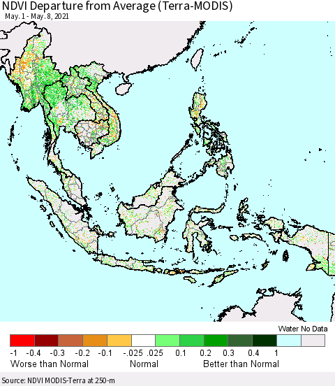South East Asia NDVI Departure from Average (Terra-MODIS) Thematic Map For 5/1/2021 - 5/8/2021
