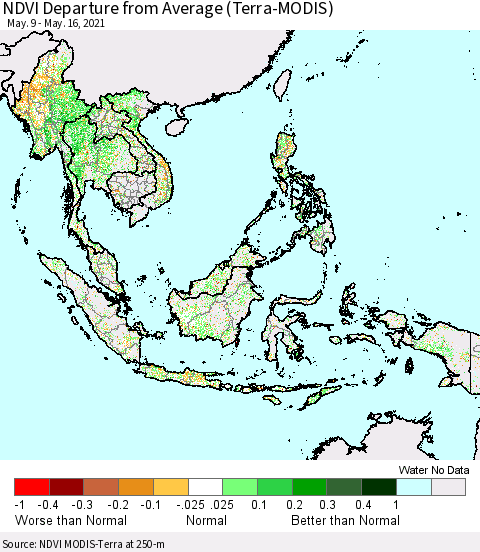 South East Asia NDVI Departure from Average (Terra-MODIS) Thematic Map For 5/9/2021 - 5/16/2021