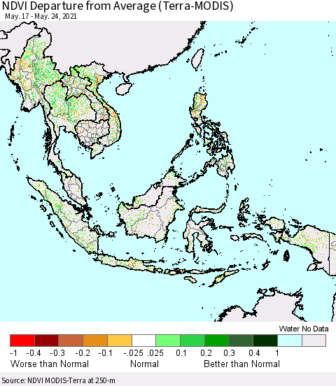 South East Asia NDVI Departure from Average (Terra-MODIS) Thematic Map For 5/17/2021 - 5/24/2021