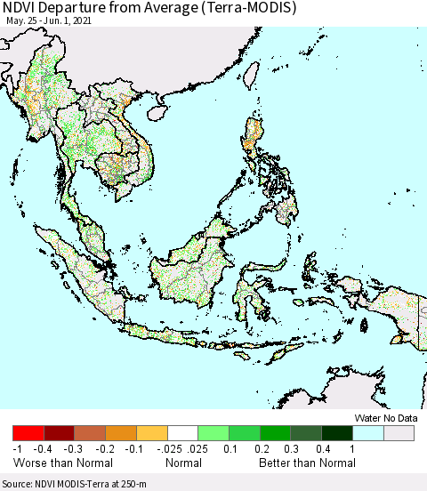 South East Asia NDVI Departure from Average (Terra-MODIS) Thematic Map For 5/25/2021 - 6/1/2021