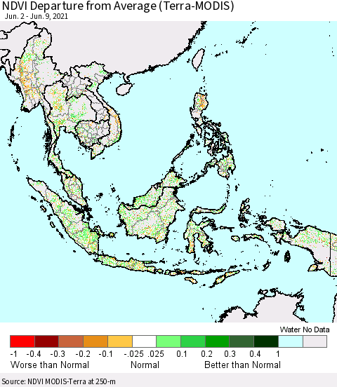 South East Asia NDVI Departure from Average (Terra-MODIS) Thematic Map For 6/2/2021 - 6/9/2021