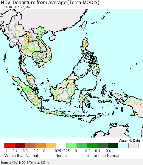 South East Asia NDVI Departure from Average (Terra-MODIS) Thematic Map For 6/18/2021 - 6/25/2021