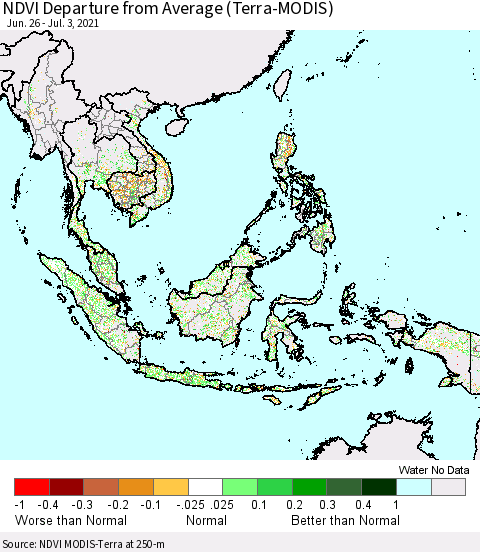 South East Asia NDVI Departure from Average (Terra-MODIS) Thematic Map For 6/26/2021 - 7/3/2021