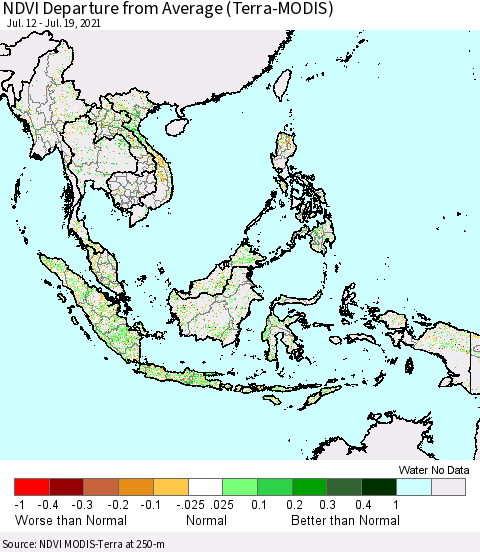 South East Asia NDVI Departure from Average (Terra-MODIS) Thematic Map For 7/12/2021 - 7/19/2021
