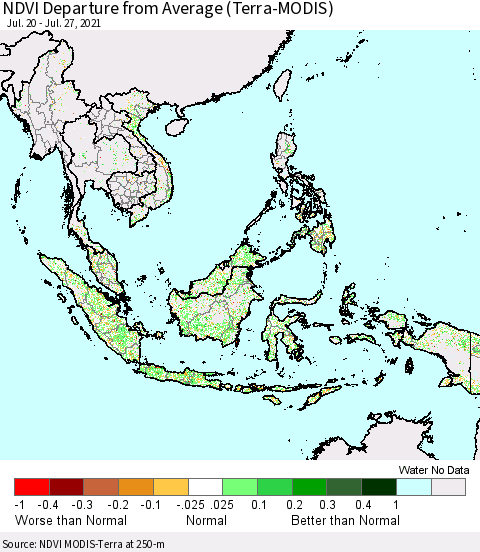 South East Asia NDVI Departure from Average (Terra-MODIS) Thematic Map For 7/20/2021 - 7/27/2021
