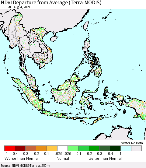 South East Asia NDVI Departure from Average (Terra-MODIS) Thematic Map For 7/28/2021 - 8/4/2021