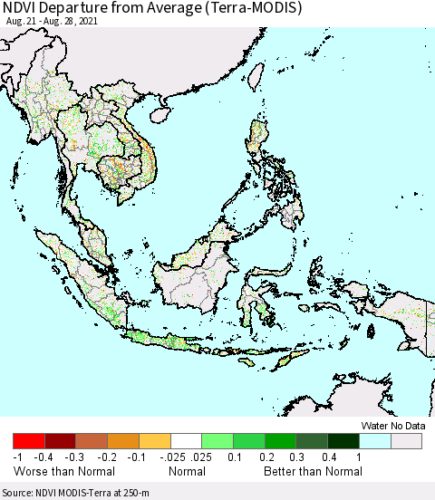 South East Asia NDVI Departure from Average (Terra-MODIS) Thematic Map For 8/21/2021 - 8/28/2021