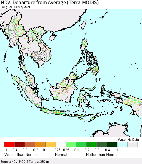 South East Asia NDVI Departure from Average (Terra-MODIS) Thematic Map For 8/29/2021 - 9/5/2021