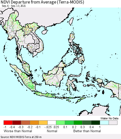 South East Asia NDVI Departure from Average (Terra-MODIS) Thematic Map For 9/6/2021 - 9/13/2021