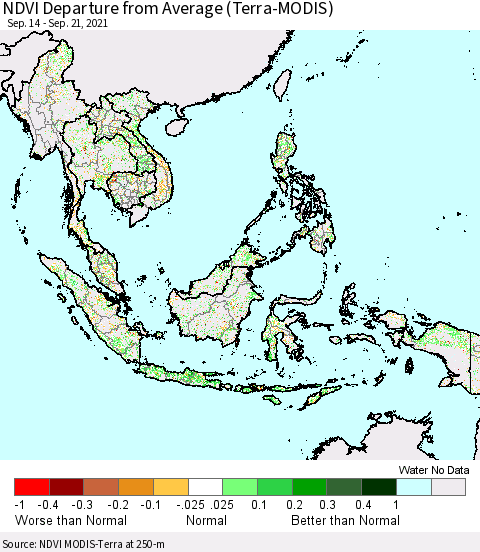 South East Asia NDVI Departure from Average (Terra-MODIS) Thematic Map For 9/14/2021 - 9/21/2021