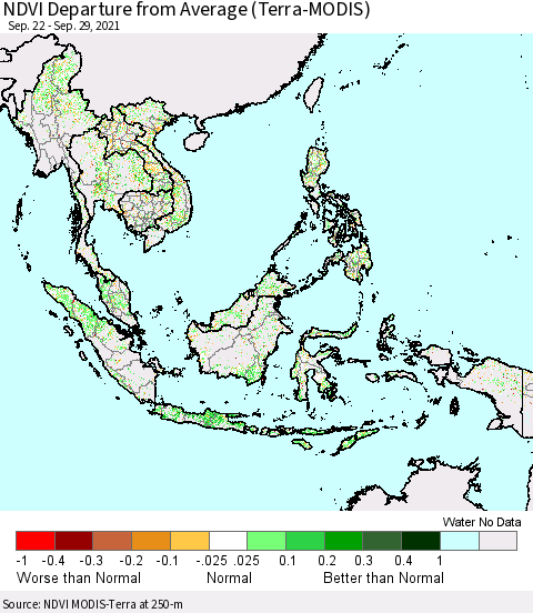 South East Asia NDVI Departure from Average (Terra-MODIS) Thematic Map For 9/22/2021 - 9/29/2021