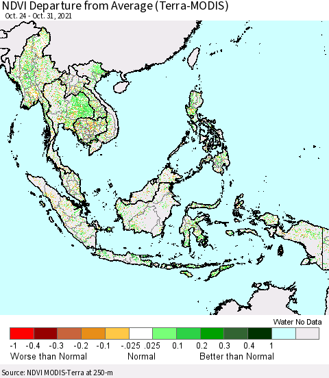 South East Asia NDVI Departure from Average (Terra-MODIS) Thematic Map For 10/24/2021 - 10/31/2021
