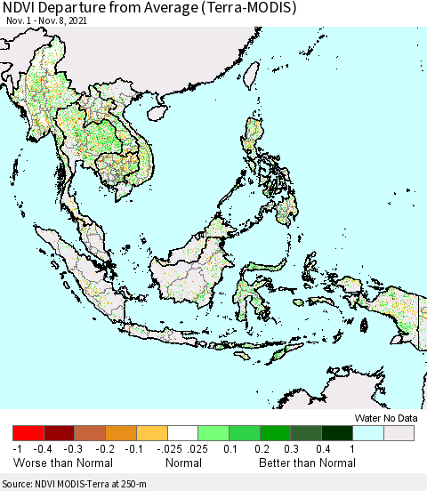 South East Asia NDVI Departure from Average (Terra-MODIS) Thematic Map For 11/1/2021 - 11/8/2021