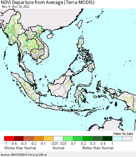 South East Asia NDVI Departure from Average (Terra-MODIS) Thematic Map For 11/9/2021 - 11/16/2021