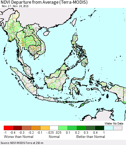 South East Asia NDVI Departure from Average (Terra-MODIS) Thematic Map For 11/17/2021 - 11/24/2021