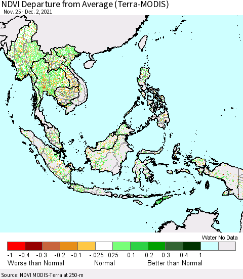South East Asia NDVI Departure from Average (Terra-MODIS) Thematic Map For 11/25/2021 - 12/2/2021