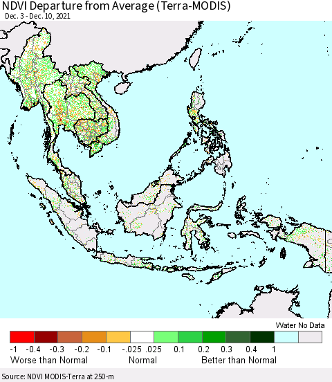 South East Asia NDVI Departure from Average (Terra-MODIS) Thematic Map For 12/3/2021 - 12/10/2021