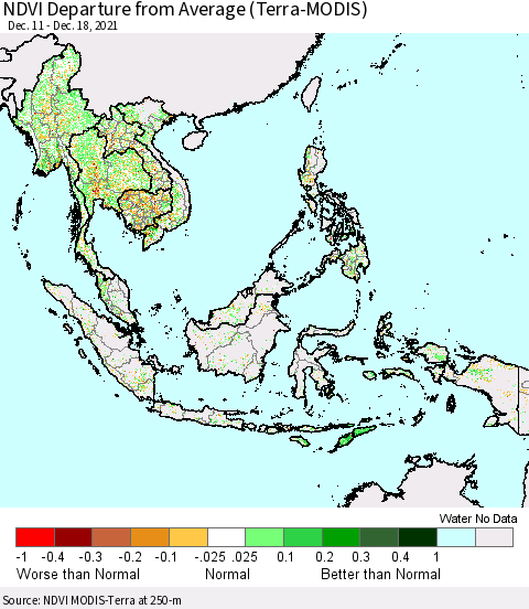 South East Asia NDVI Departure from Average (Terra-MODIS) Thematic Map For 12/11/2021 - 12/18/2021