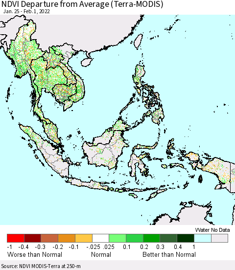 South East Asia NDVI Departure from Average (Terra-MODIS) Thematic Map For 1/25/2022 - 2/1/2022