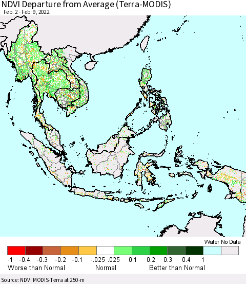 South East Asia NDVI Departure from Average (Terra-MODIS) Thematic Map For 2/2/2022 - 2/9/2022