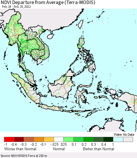South East Asia NDVI Departure from Average (Terra-MODIS) Thematic Map For 2/18/2022 - 2/25/2022