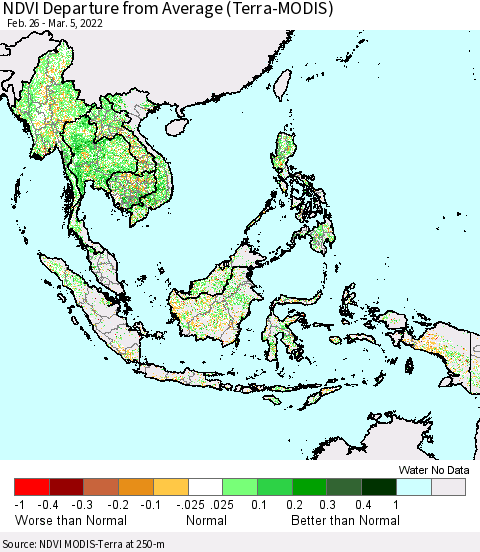 South East Asia NDVI Departure from Average (Terra-MODIS) Thematic Map For 2/26/2022 - 3/5/2022