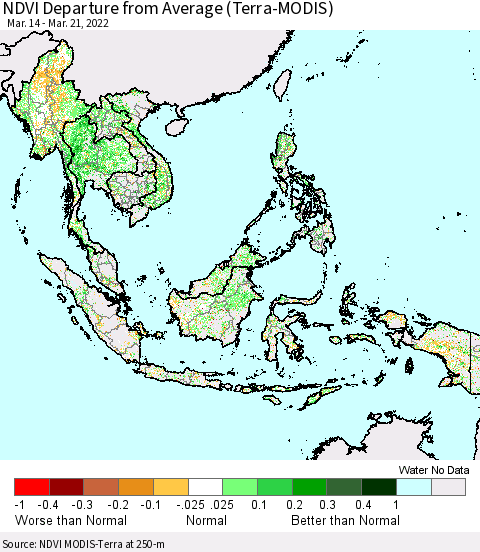South East Asia NDVI Departure from Average (Terra-MODIS) Thematic Map For 3/14/2022 - 3/21/2022