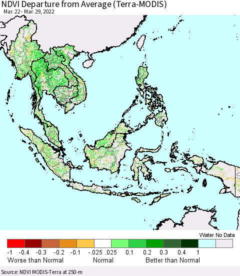 South East Asia NDVI Departure from Average (Terra-MODIS) Thematic Map For 3/22/2022 - 3/29/2022