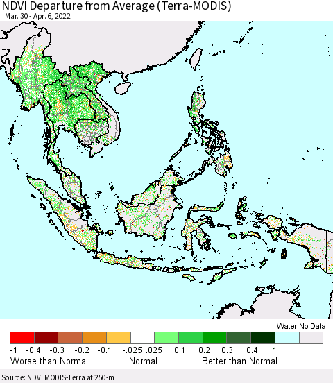 South East Asia NDVI Departure from Average (Terra-MODIS) Thematic Map For 3/30/2022 - 4/6/2022