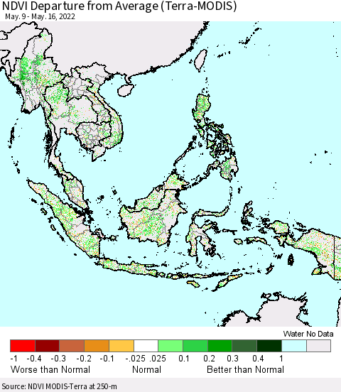 South East Asia NDVI Departure from Average (Terra-MODIS) Thematic Map For 5/9/2022 - 5/16/2022